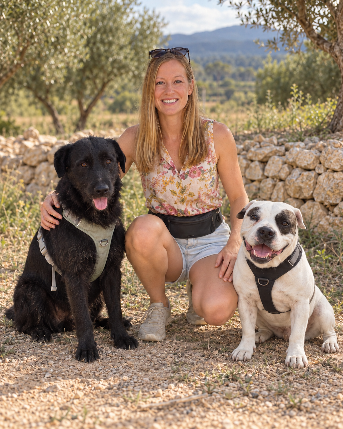 Hundetrainerin von Es Pla Dogs kniet mit ihren beiden Hunden im Grünen