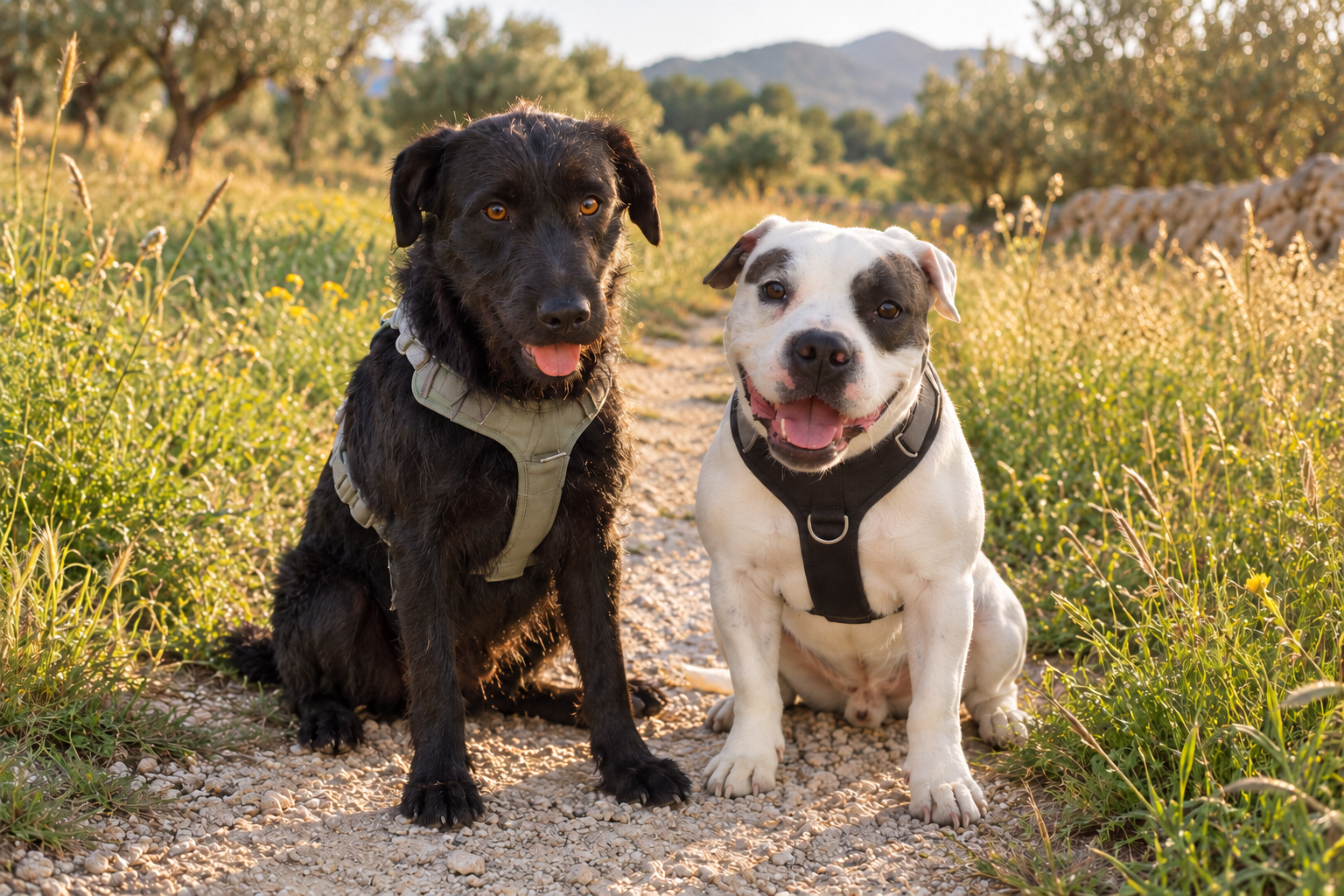 Ein weißer und ein schwarzer Hund nebeneinander auf einem Feldweg